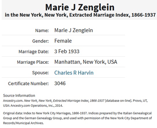 Marie Zenglein and Charles Harvin Marriage Record