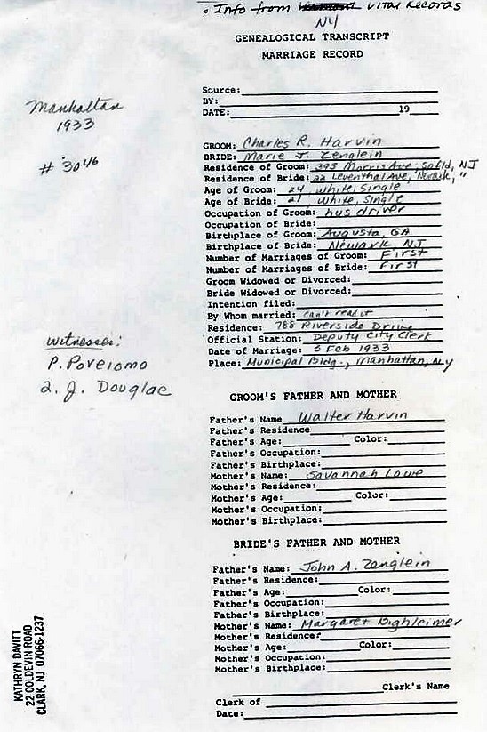 Marie Zenglein and Charles Harvin Marriage Record