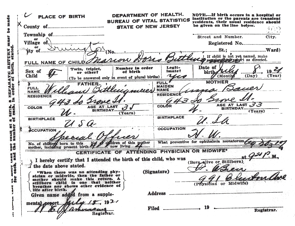 Marion Doris Bittlingmeier Birth Certificate