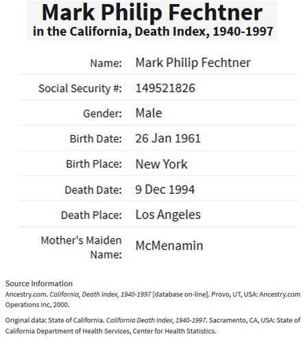 Mark Fechtner Death Index
