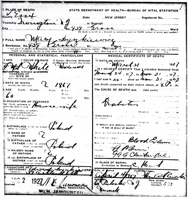 Marya (Mazurkiewicz) Dyszkiewicz Death Certificate