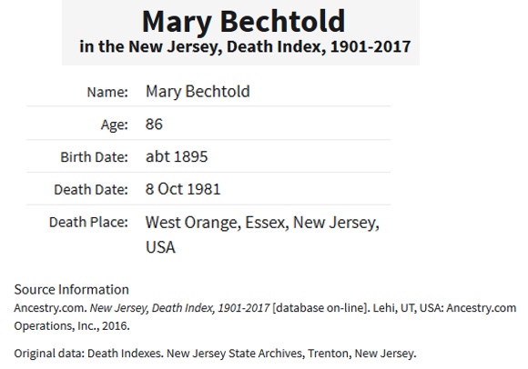 Mary O'Malley Bechtold Death Index