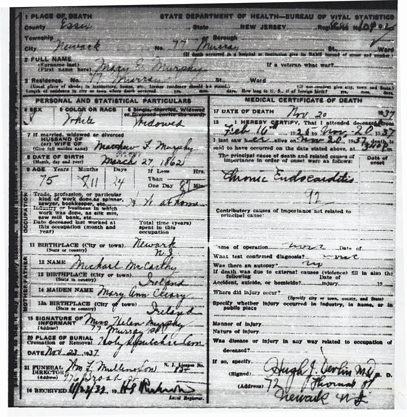 Mary Ellen (McCarthy) Murphy Death Certificate