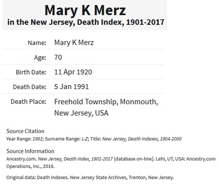 Mary Budner Merz Death Index