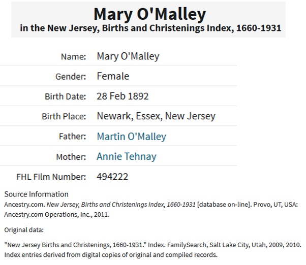 Mary O'Malley Birth Index