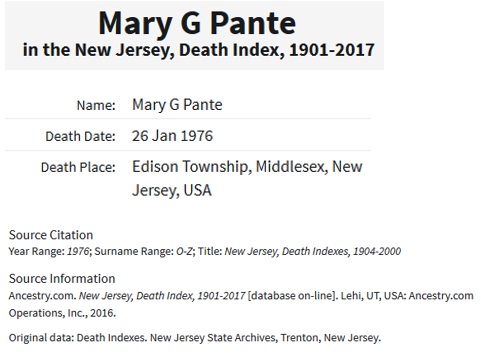 Mary Campbell Pante' Death Index