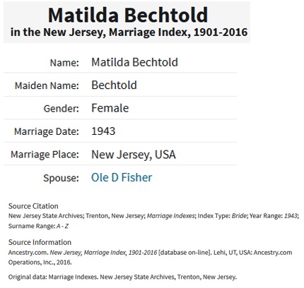 Matilda Bechtold and Ole Fisher Marriage Index
