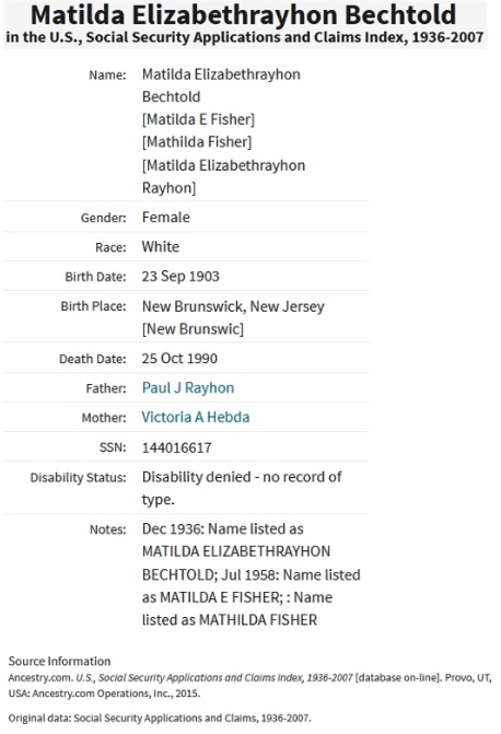 Matilda Rayhon Bechtold Fisher Social Security Record