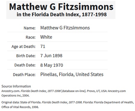 Matthew G. Fitzsimmons Death Index