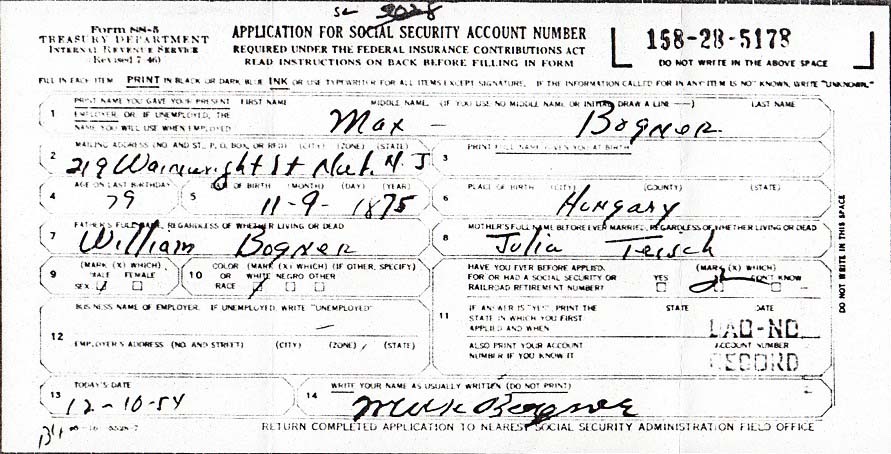 Max Bogner's Application for Social Security