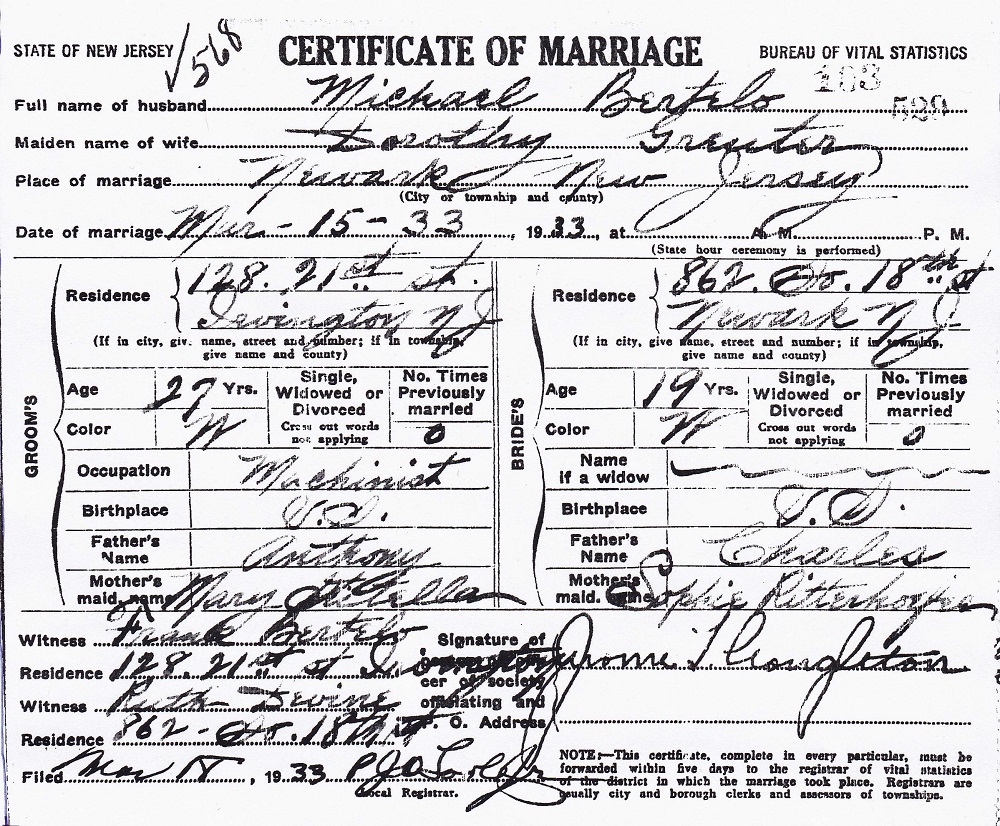 Dorothy Greuter and Michael Bertelo Marriage Certificate