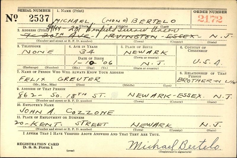 Michael Bertelo World War I Draft Registration
