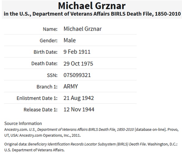 Michael Grznar Military Record
