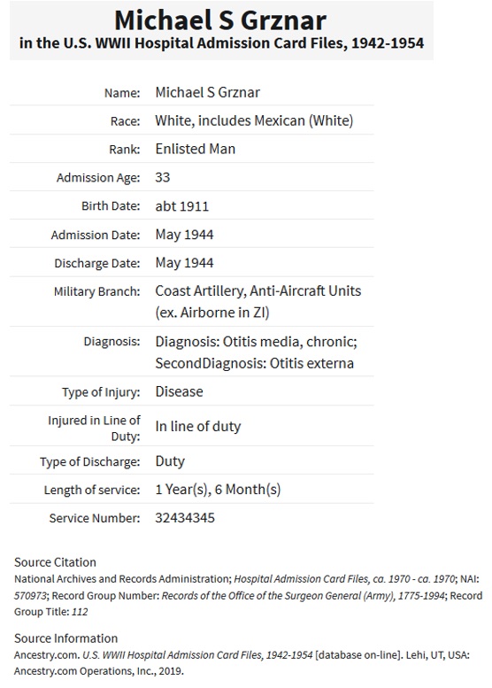 Michael Grznar Military Record