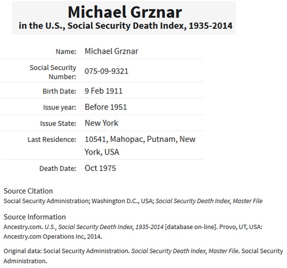 Michael Grznar Social Security Death Index