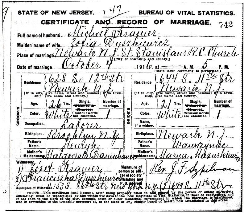 Michael Kramer and Sofia Dyszkiewicz Marriage certificate