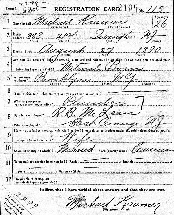Michael Kramer's World War II Draft Registration Card Part 1