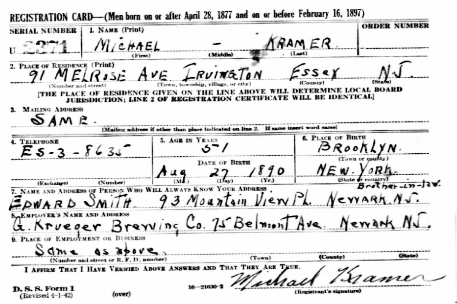 Michael Kramer's World War II Draft Registration Card Part 1