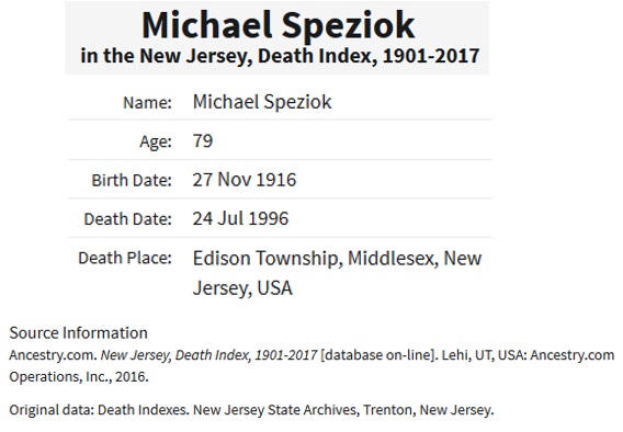 Michael Speziok Death Index