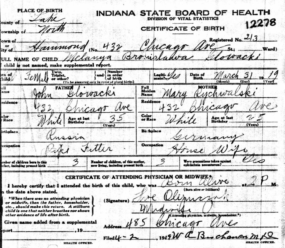 Mildred Glowacki Birth Certificate