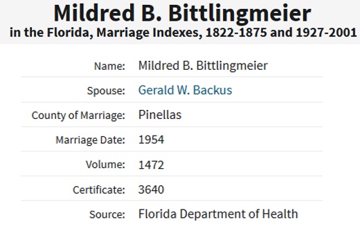 Marriage Record for Mildred Bittlingmeier and Gerald Backus