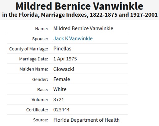 Marriage Record for Mildred Backus and Jack Vanwinkle