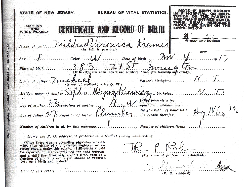 Mildred Veronica Kramer Birth Certificate