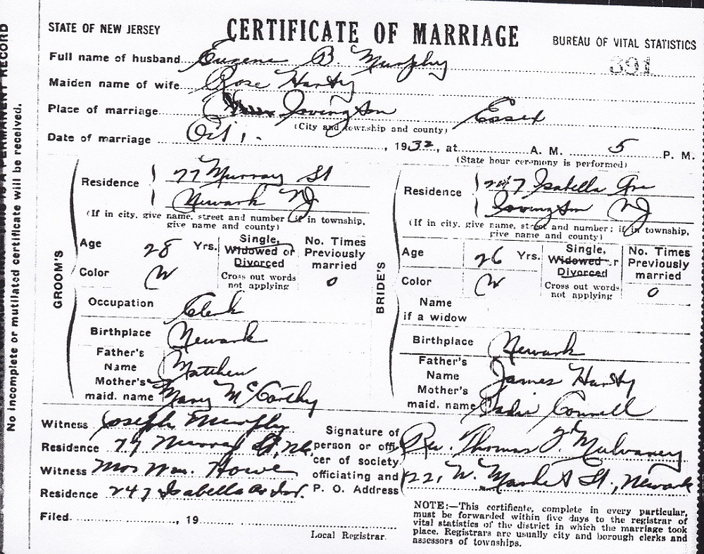 Eugene Murphy and Rose Harty Marriage Certificate