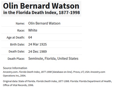 Olin B. Watson Death Index