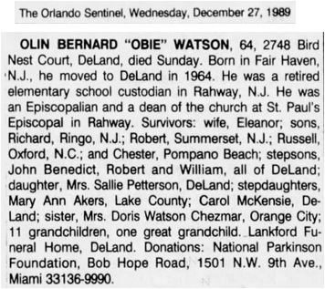 Olin B. Watson Obituary