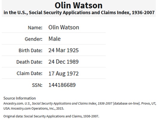 Olin B. Watson Social Security Record