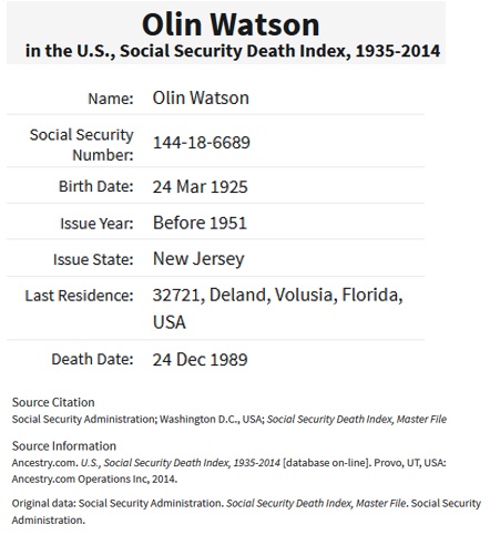 Olin B. Watson Social Security Record