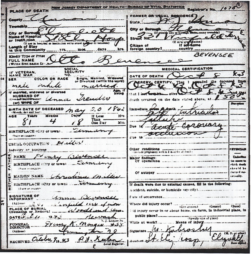 Otto Heinrich Bevensee Death Certificate