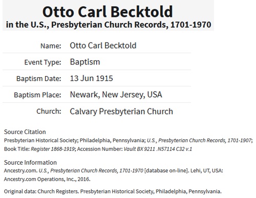 Otto Carl Bechtold Baptism Index