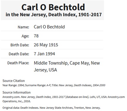Carl Otto Bechtold Death Index