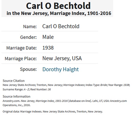 Carl Otto Bechtold and Dorothy Haight Marriage Index
