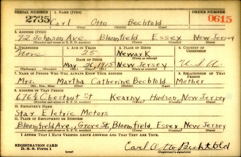 Carl Otto Bechtold World War II Draft Registration