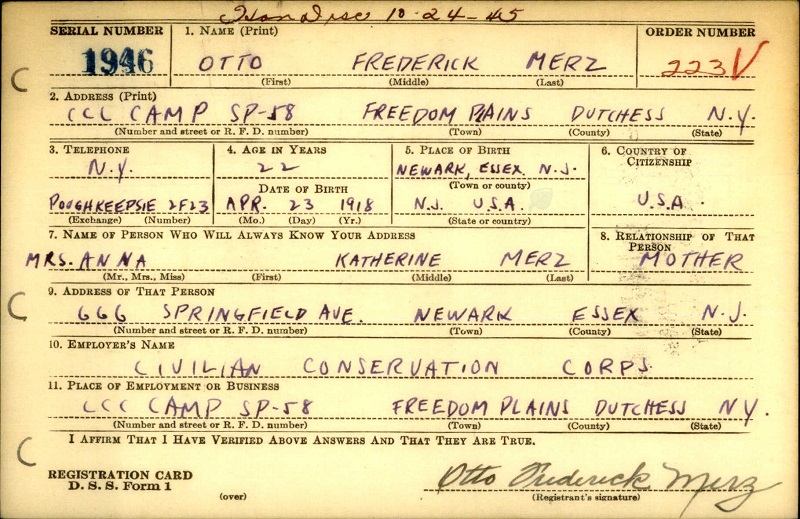 Otto Fred Merz World War II Draft Registration