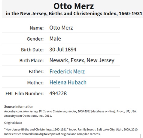 Otto Carl Merz Birth Index