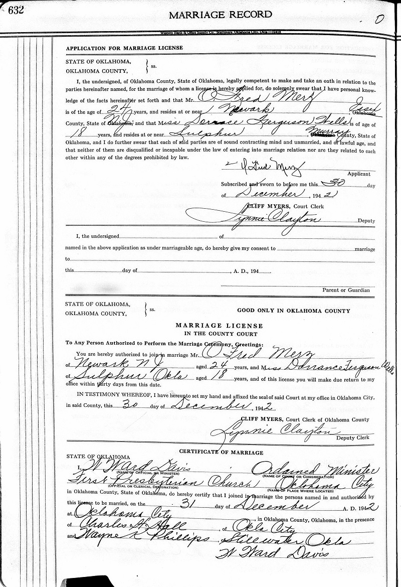 Otto Fred Merz and Dorrace Wells Marriage Certificate