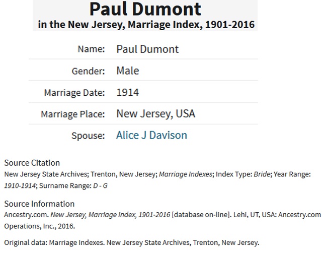 Paul Dumont and Alice Davison Marriage Record
