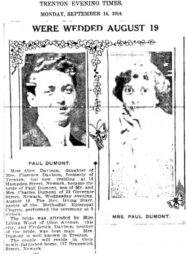 Paul Dumont and Alice Davison Marriage Record