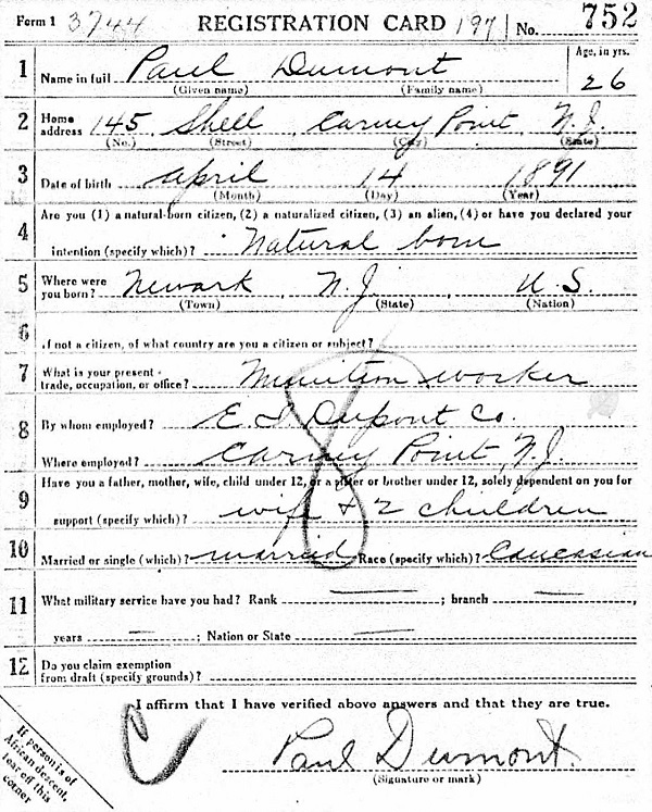 Paul J. Dumont's World War I Draft Registration Card Part 1