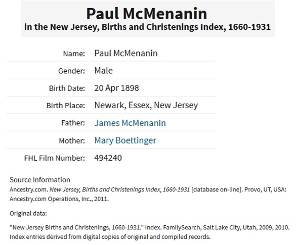 Paul F. McMenamin Birth Index