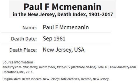 Paul F. McMenamin Death Index