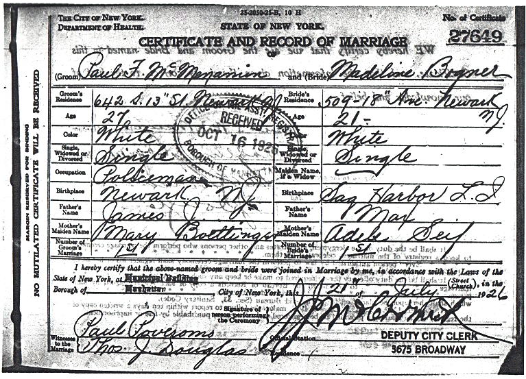 Paul McMenamin and Madeline Bogner Marriage certificate Page 1