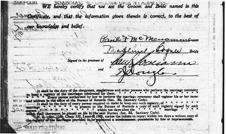 Paul McMenamin and Madeline Bogner Marriage certificate Page 2