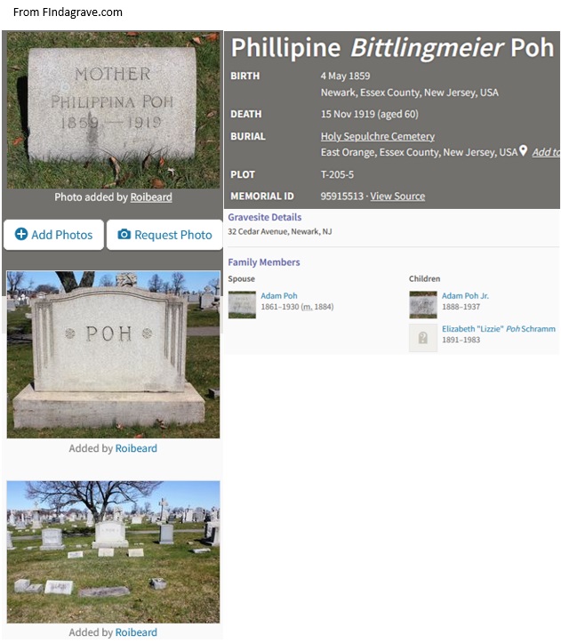 Phillipine Bittlingmeier Poh Cemetery Record