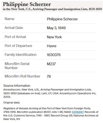 Phillipine Scherzer Immigration Record
