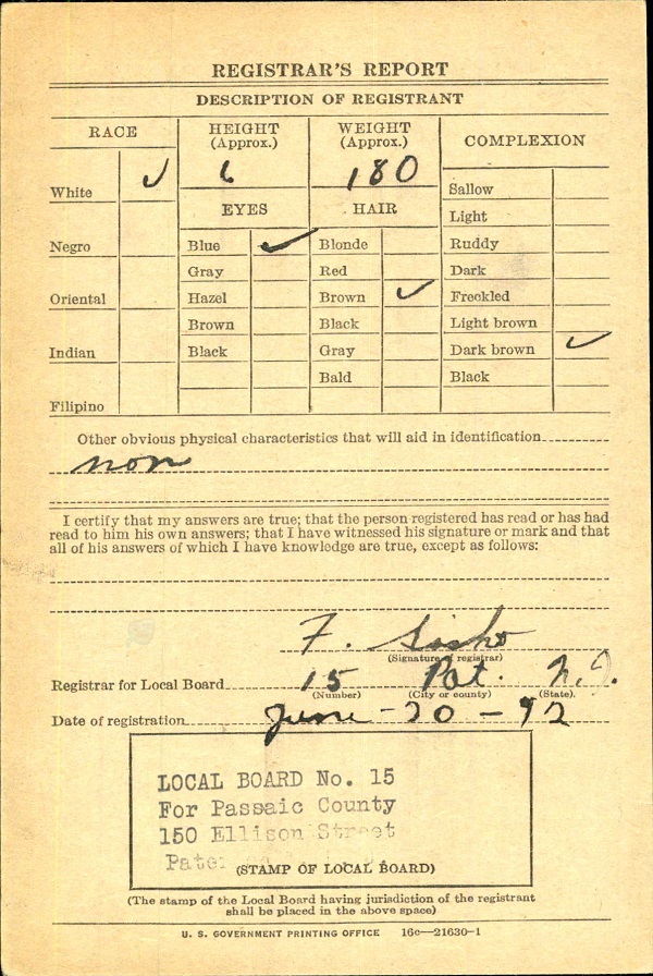 Raymond Feller's World War II Draft Registration